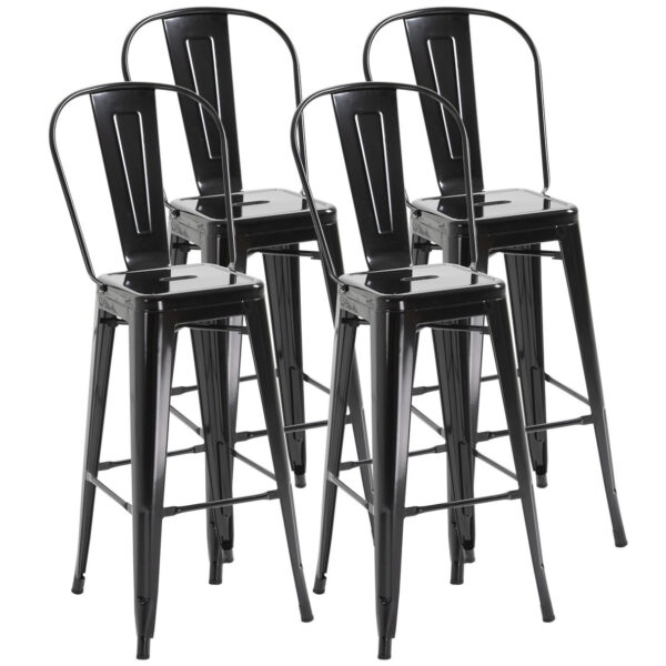EasyComfort Set 4 RVS Barstrips Keukenstoel, Metaal met Afneembare Rugleuning, Industrieel Design met Schoenen, 44x49x116cm, Zwart