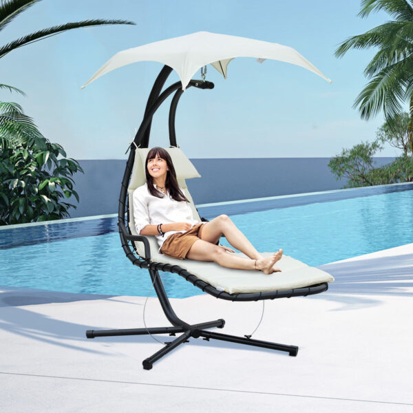 EASYCOMFORT Ligstoel Chaise Longue Ligstoel met Crèmekleurige Luifel 190 × 115 × 190 cm