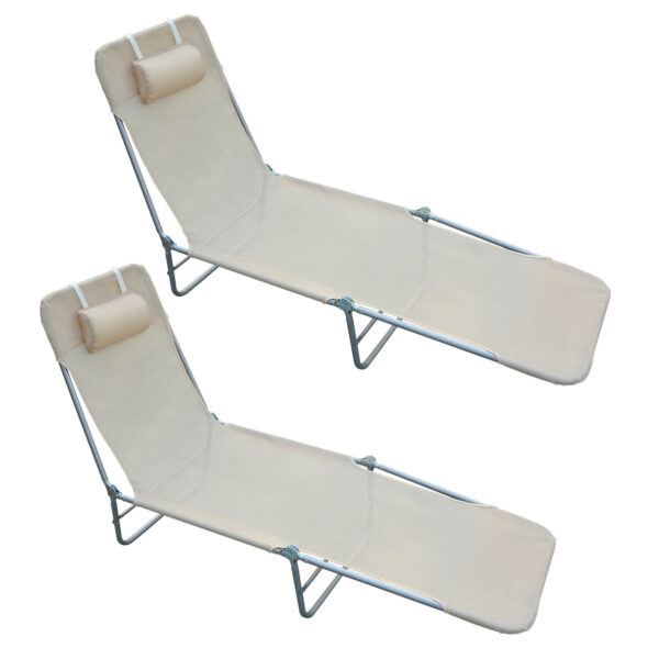EASYCOMFORT Set van 2 opvouwbare ligstoelen met 4-traps verstelbare rugleuning, metaal en meshstof, beige
