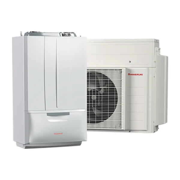 Moderne Hybride Inverter warmtepomp Immergas VICTRIX HYBRID 24 R-32: strak design, Monofase A++A++ energie-efficiënt.