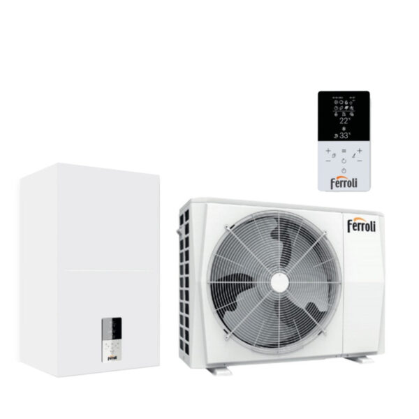 Hybride lucht-water warmtepomp Ferroli Omnia S Hybrid 3.2 C 8 kW, geschikt voor gesplitste installatie met directe warmwaterproductie.