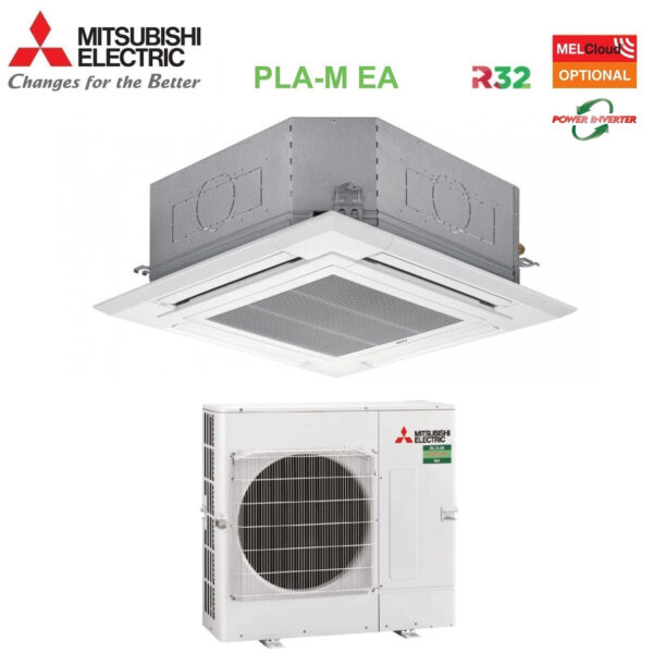 Mitsubishi Electric Airconditioner 90x90 4-weg omvormercassette 21000 Btu PLA-M60EA + PUZ-ZM60VHA R-32 Wi-Fi optioneel met rooster inbegrepen