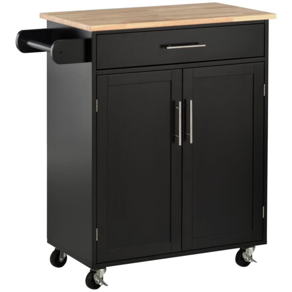 EasyComfort Keukentrolley met lade en 2-deurs kast, wielen en zijrail, 83x45x91.5cm, zwart
