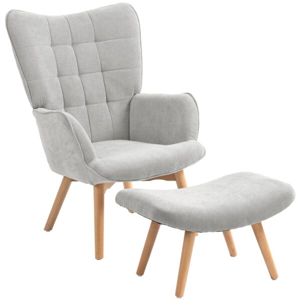 EasyComfort Relaxfauteuil met poef, ribfluweel, hoge rugleuning, grijs