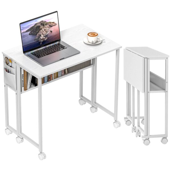 EasyComfort inklapbaar bureau met plank, zijvak en 6 wielen, wit
