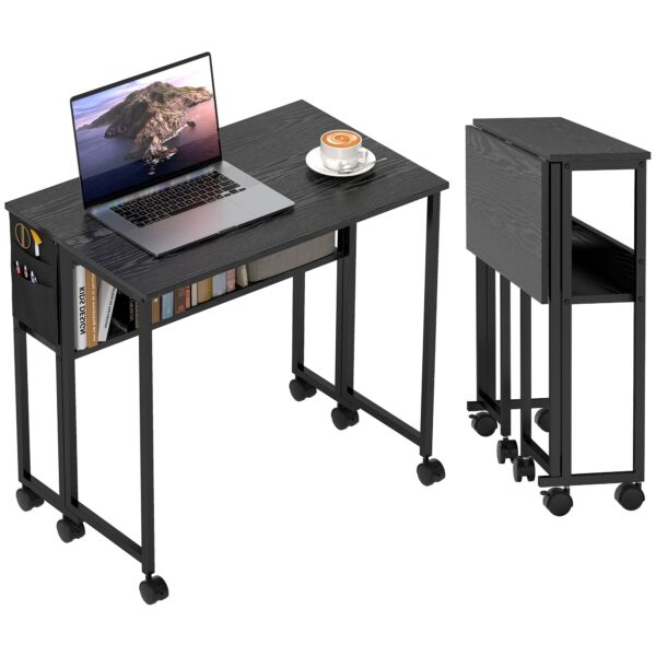 EasyComfort opvouwbaar bureau met schap en wielen 80x50 cm zwart