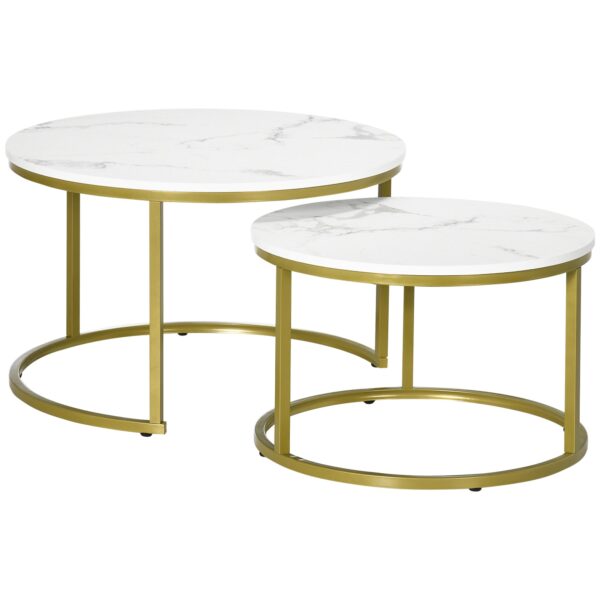 EasyComfort Set 2 Opstapelbare Ronde Bijzettafels Ø74x46.3 cm & Ø59x38.5 cm, wit en goud