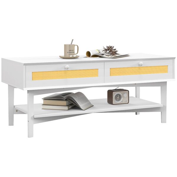 EasyComfort Boho koffietafel 120x50x50 cm, 2 lades, rattan/wit