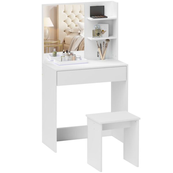 EasyComfort Make-uptafel met 3 planken, spiegel en kruk, 75x40x137 cm