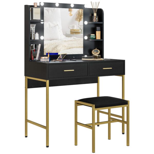 EasyComfort Make-uptafel met 2 lades, 6 vakken, spiegel en kruk, 90x45x132.5 cm