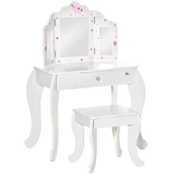 EasyComfort Kaptafel kinderen met kruk en drievoudige spiegel, 63x40x85.5cm, wit