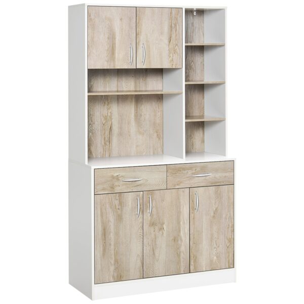 EasyComfort hoge keukenkast met open vakken, lades en deuren – wit/hout