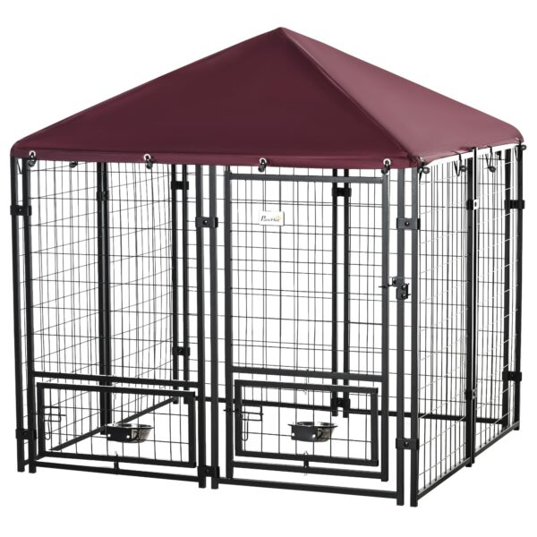 EasyComfort hondenren voor buiten met slot en 2 draaibare kommen (zwart/rood)