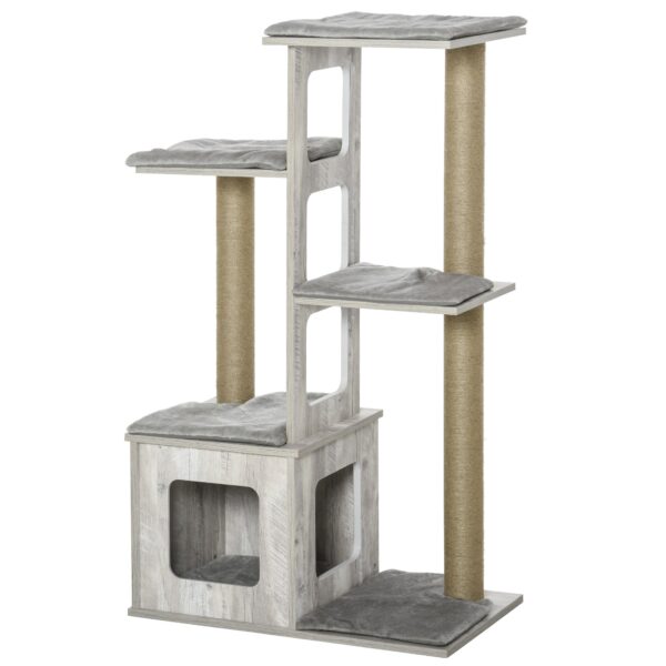 EasyComfort Multi-level krabpaal met kattenhuis en jute touwen (grijs)