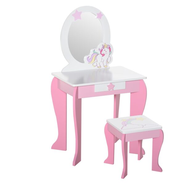 EasyComfort kinderkaptafel met spiegel, lade en krukje - roze/wit