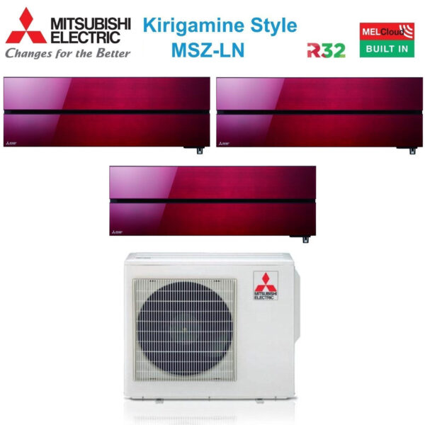 Mitsubishi Electric Kirigamine Style Ruby Red tri-split airconditioner 9000+9000+9000 MXZ-3F68VF R32 Wi‑Fi